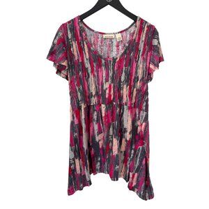 DKNY Smocked Tunic Top Size 18/20 Short Sleeve Scoop Neck Abstract Asymmetrical